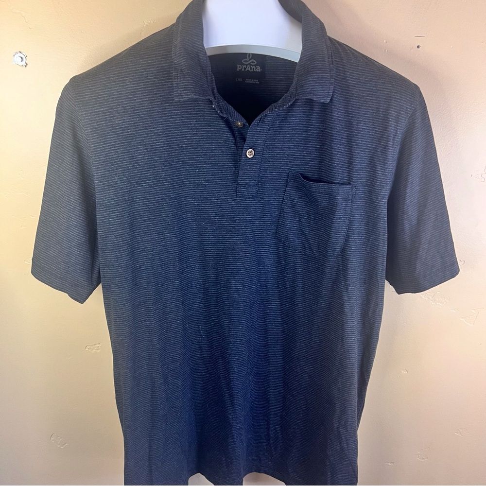 Prana Mens Subtle Striped Short Sleeve Polo Dark Grey Size Large Preppy Business
